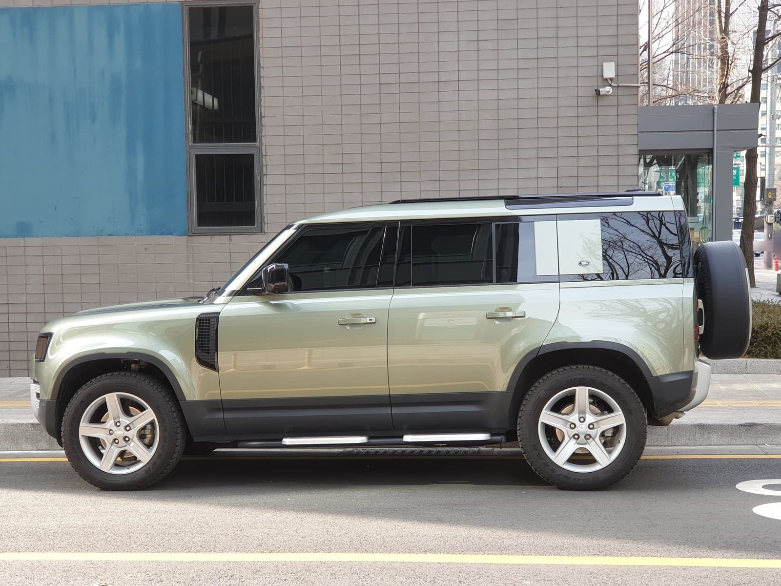 Land Rover Defender 110 verde, vista laterale