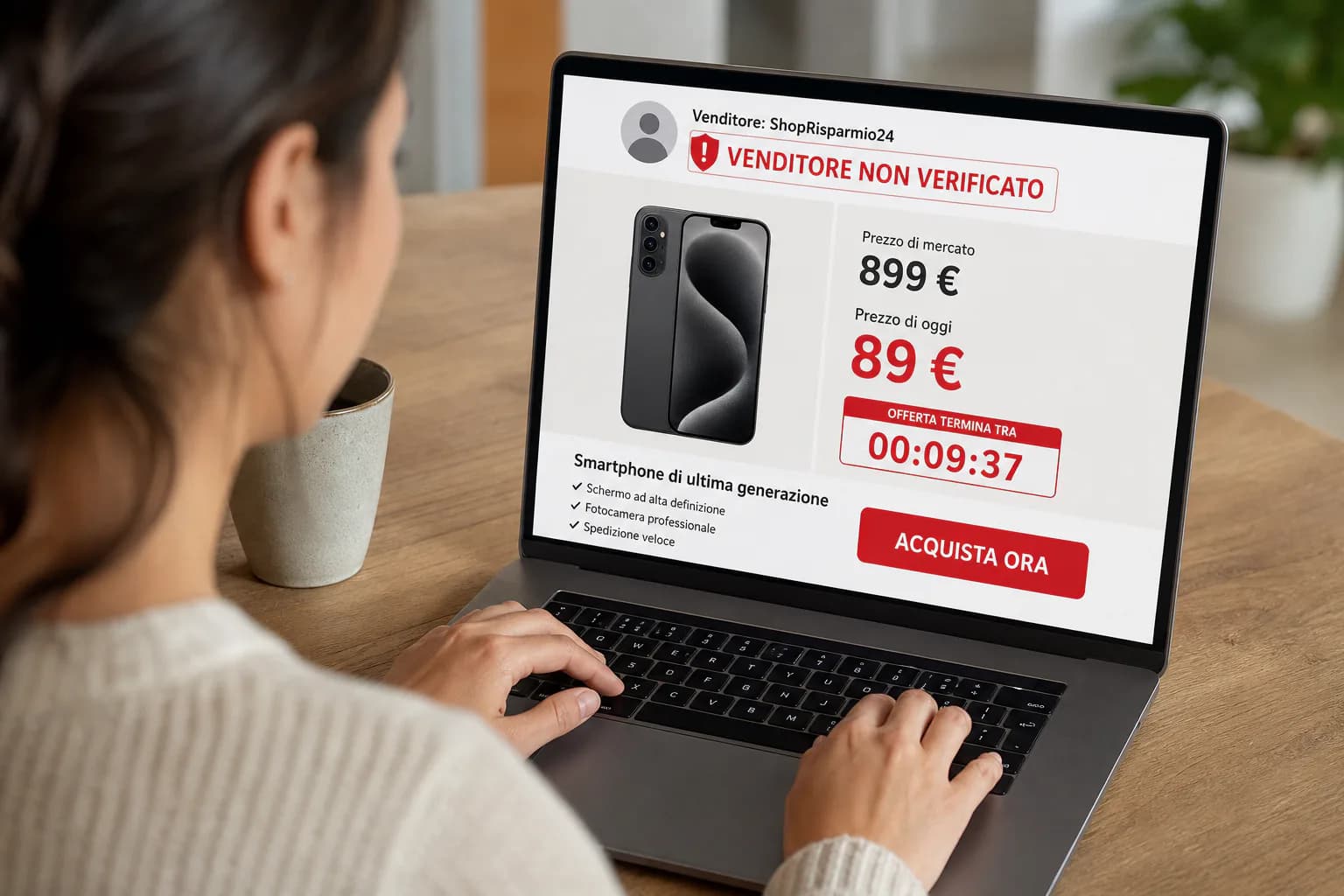 Una persona osserva sul portatile un venditore non verificato, un prezzo fuori mercato e un conto alla rovescia.
