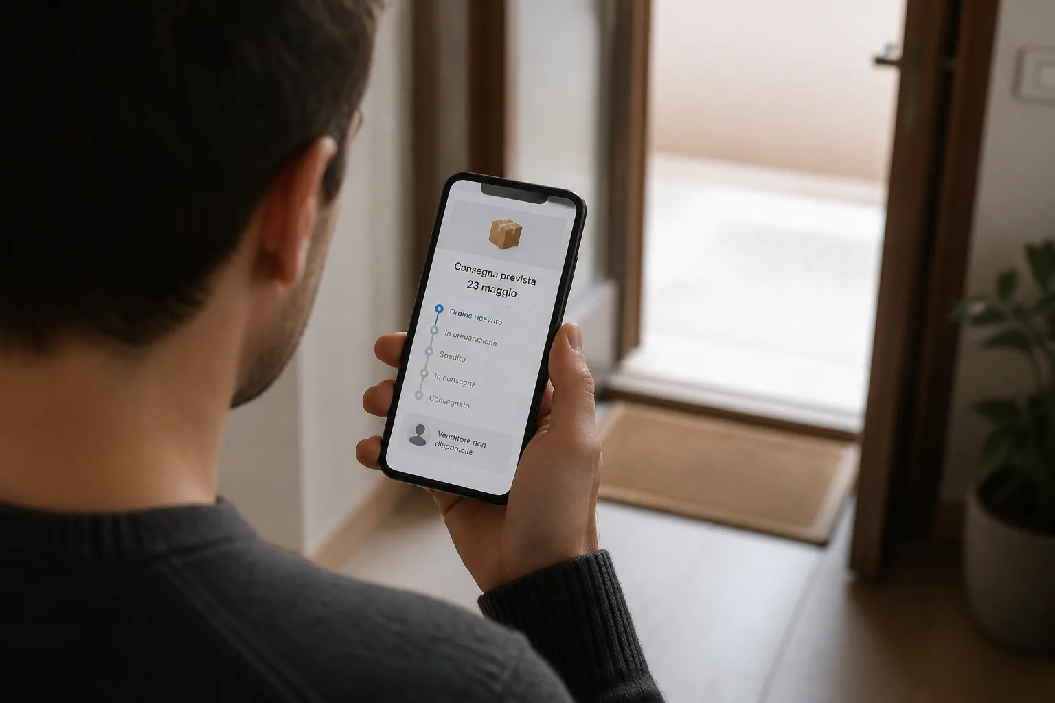 Una persona controlla sullo smartphone una spedizione ferma al primo passaggio e un venditore non disponibile.