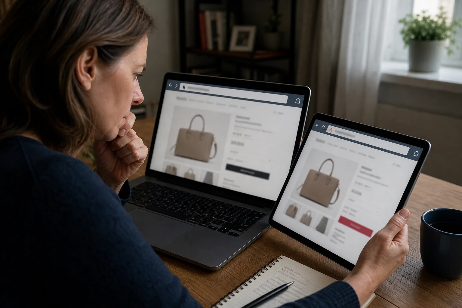 Una persona confronta due negozi online quasi identici su computer e tablet.