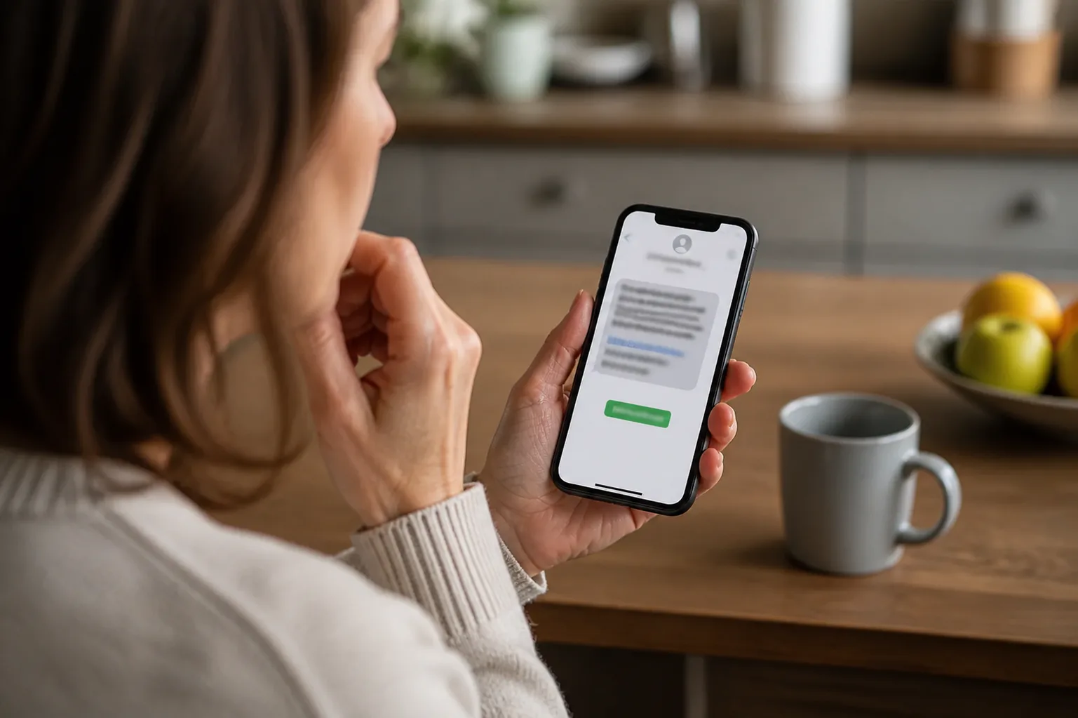 Una persona controlla con cautela un messaggio sospetto sullo smartphone.