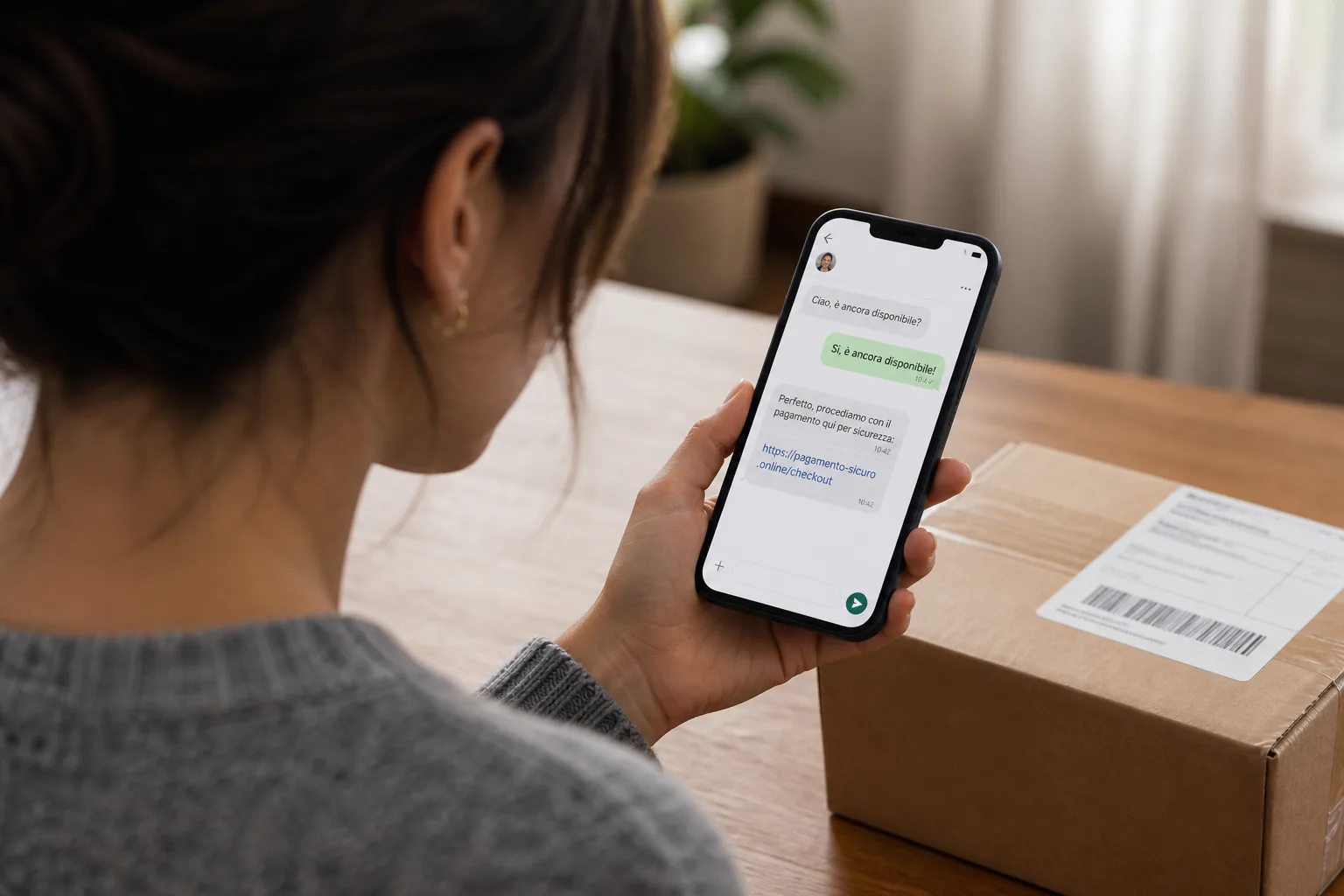 Una venditrice privata legge sullo smartphone una richiesta di pagamento esterna accanto al pacco da spedire.