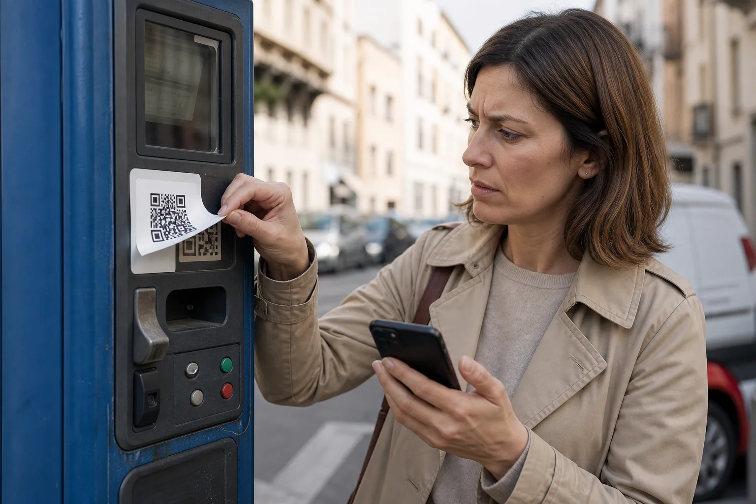 Una persona scopre un codice QR adesivo applicato sopra quello originale di un parcometro.