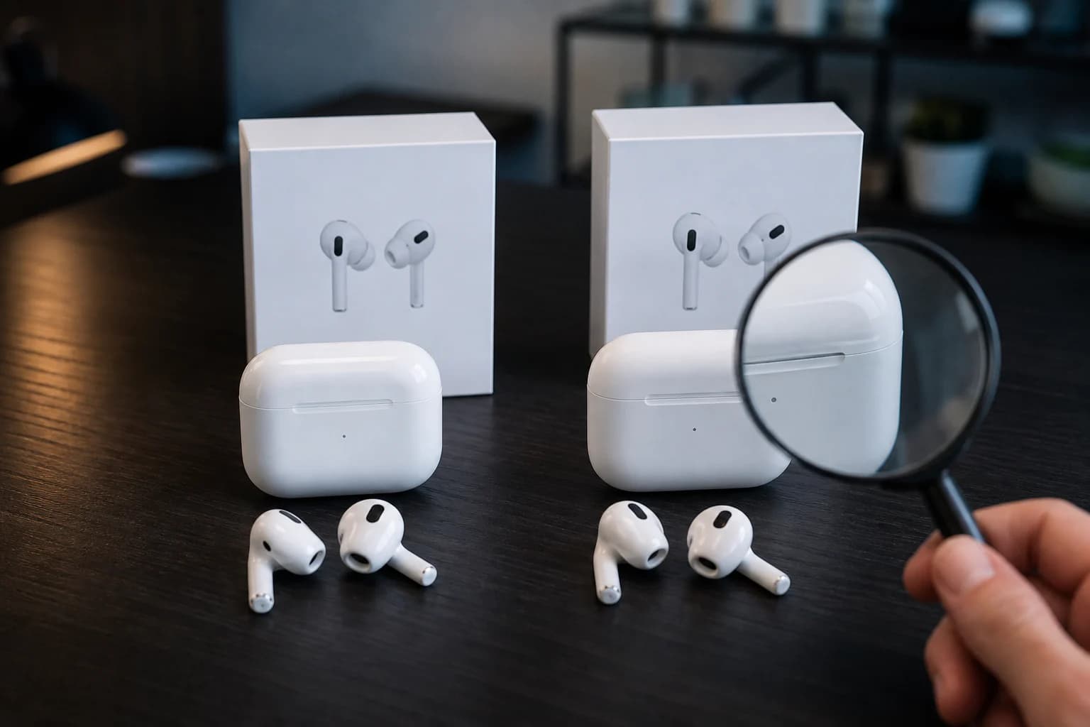 Una mano confronta con una lente due paia di auricolari integri e quasi identici, cercando differenze nelle finiture.