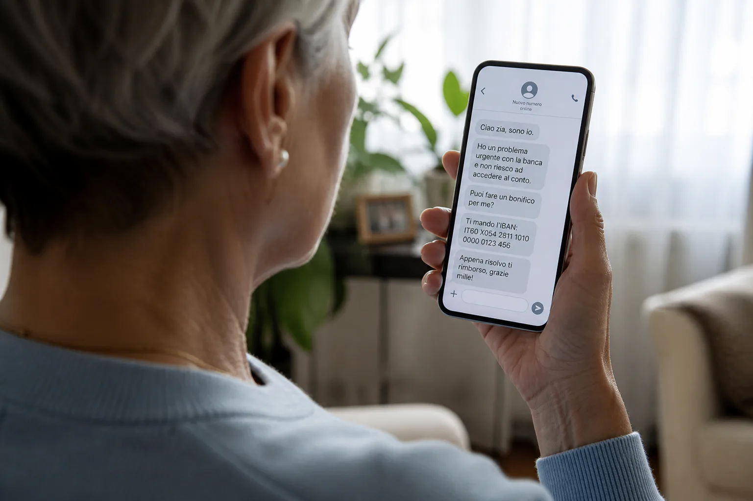 Una persona anziana legge sullo smartphone un messaggio da un nuovo numero che chiede un bonifico urgente.