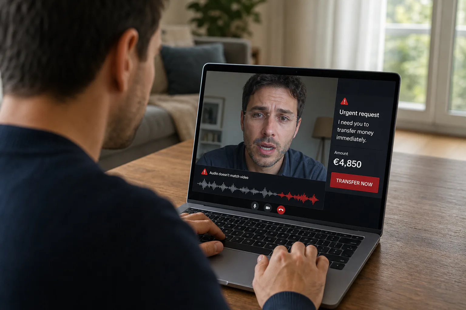 Una persona osserva una videochiamata con artefatti sul volto, audio incoerente e richiesta urgente di denaro.