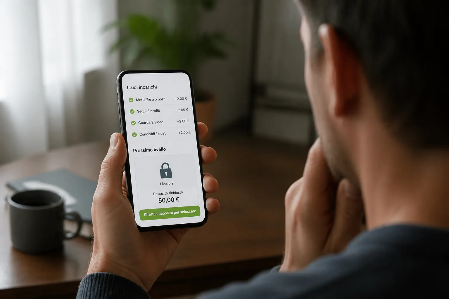 Una persona vede sullo smartphone piccoli incarichi completati e una richiesta di deposito per sbloccare il livello successivo.