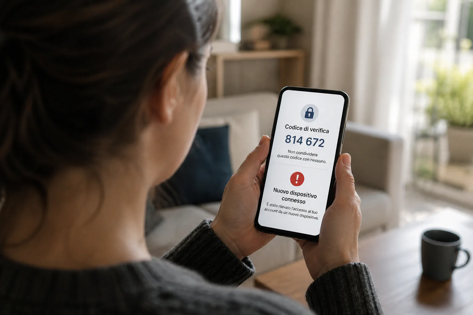 Una persona vede sullo smartphone un codice di verifica inatteso e l'avviso di un nuovo dispositivo collegato.
