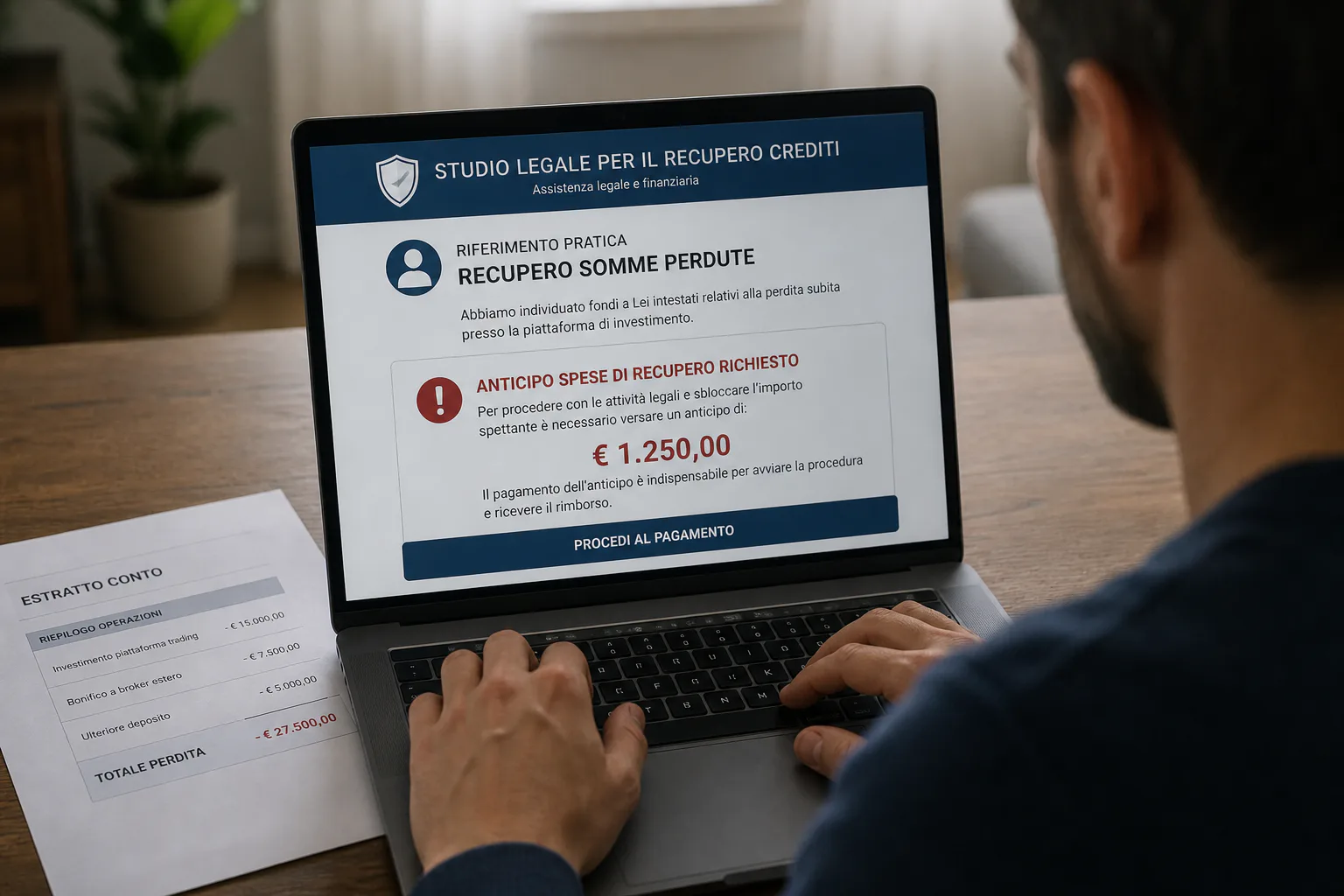 Una persona confronta la perdita precedente con una falsa società che chiede un anticipo per recuperare il denaro.