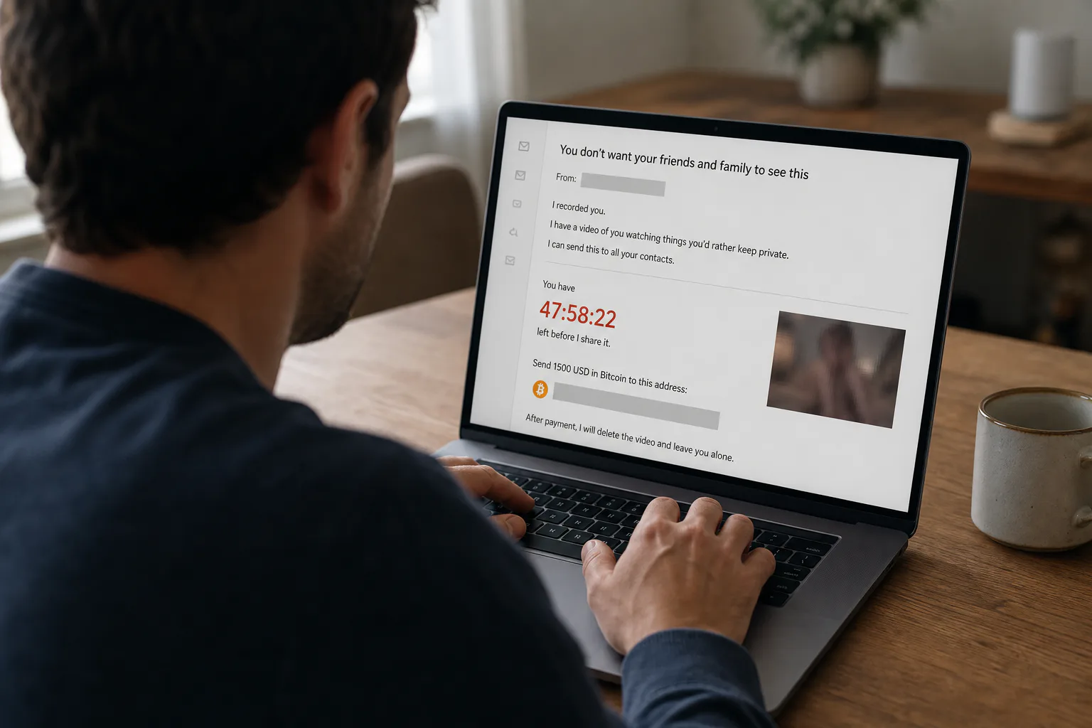 Una persona legge sul portatile un'email di ricatto con minaccia, conto alla rovescia e richiesta in criptovaluta.