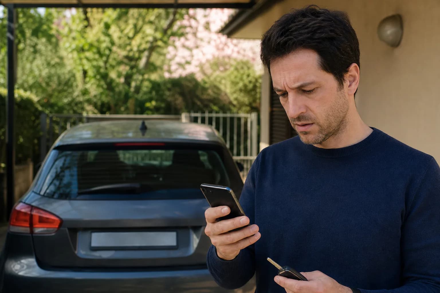 Un venditore osserva un messaggio sospetto sul telefono accanto all'auto usata che ha messo in vendita.