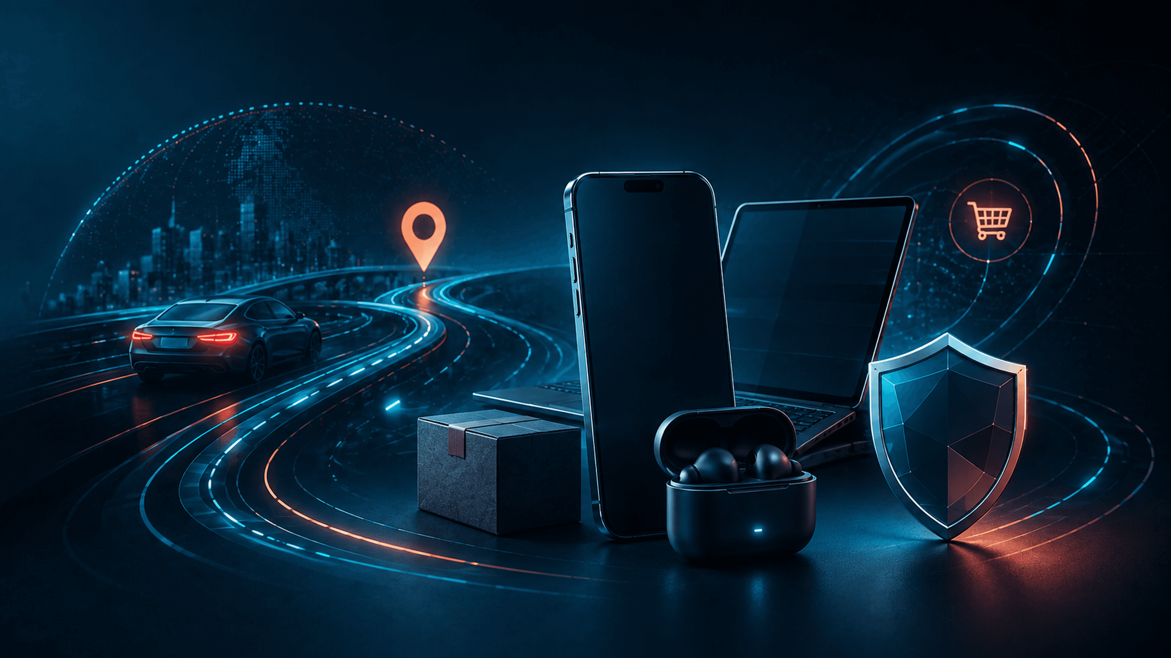 Illustrazione editoriale con tecnologia, mobilità e protezione digitale
