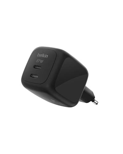 Belkin SmartProtect Caricatore USB C a 2 Porte 67W, Doppio Caricabatteria GaN con 2 Porte USB-C, Ricarica Rapida per MacBook, iPhone 17, iPad Pro, Chromebook, Galaxy S25 Ultra, Pixel 10 - Nero