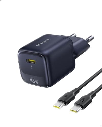 Baseus Enerfill Caricatore USB C 45W GaN con Cavo 1m, Alimentatore Fast Charging PPS PD, Caricabatterie USB C per Samsung Galaxy S25 Ultra/S24, iPhone 17/16/15 Pro Max, iPad, MacBook, Google Pixel