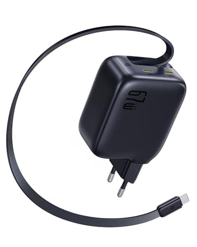 Baseus Enercore Caricatore USB C 67W Con Cavi Arrotolabile, Alimentatore GaN Con 2 Porta USB-C, Caricatore Rapido Compatto Compatibile Con iPhone 17/16/15/14Pro, Galaxy S25, MacBook, HP, Dell, iPad