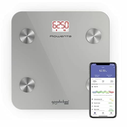 Rowenta BR9600 Goodvibes Life + Bilancia Pesapersone, Bilancia Digitale Intelligente, App connessa, 10 Misurazioni Corporee tra cui IMC, BMR, Massa Grassa, Muscolare e Ossea, Argento