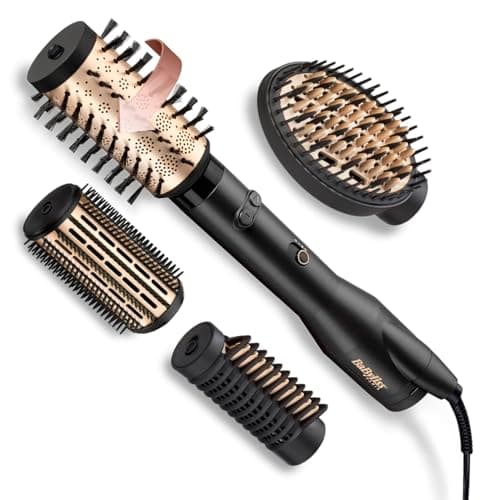 BaByliss AS970E Spazzola Rotante Da 650W, Funzione Ionica Anti-Crespo, 4 Accesori per Asciugare e Modellare, 2 Temperature + Tasto Aria Fredda, Nero e Oro