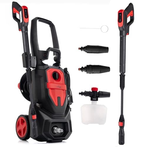 LEHMANN Idropulitrice Austin, Pressione 145 bar, 1800 W, Portata 450 l/h, Pompa in alluminio, Autoadescante, Raggio d'azione 10 m, Ugelli & Lancia Schiuma, per Auto, Esterni di Casa, Nero/Rosso