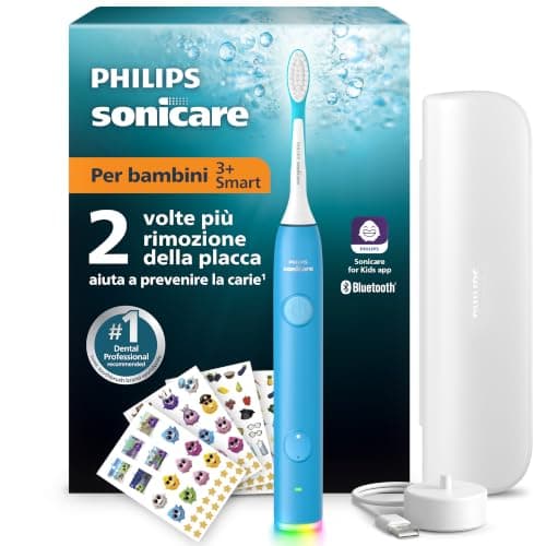 Philips Sonicare for Kids spazzolino elettrico sonico smart - con app, dai 3 anni in su, 2 modalità delicate, timer da 2 minuti con luci e suoni, 2 testine (standard e mini), blu, modello HX6600/52