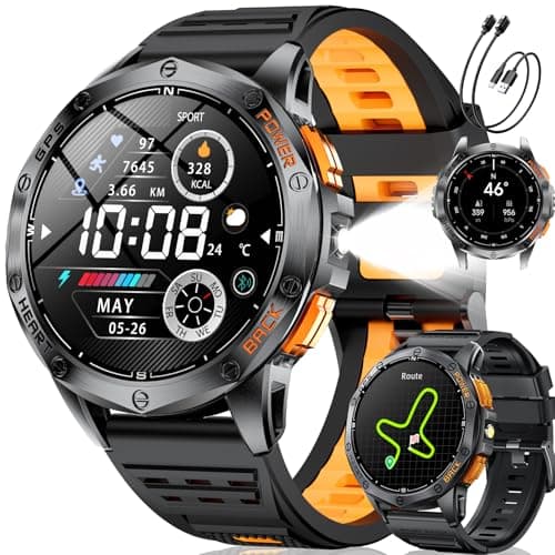 LIGE Smartwatch Uomo GPS, Barometro/Altimetro/Bussola, AMOLED 1,43" Smart Watch Militare con Torcia LED, Chiamate Bluetooth, 170+ Modalità Sport, 5ATM, Monitoraggio Salute per Android iOS,DM1-H