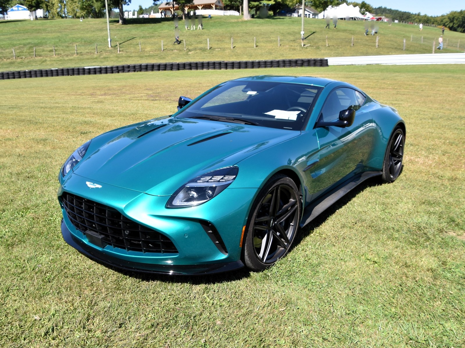 Aston Martin Vantage verde acqua, vista anteriore di tre quarti su un prato